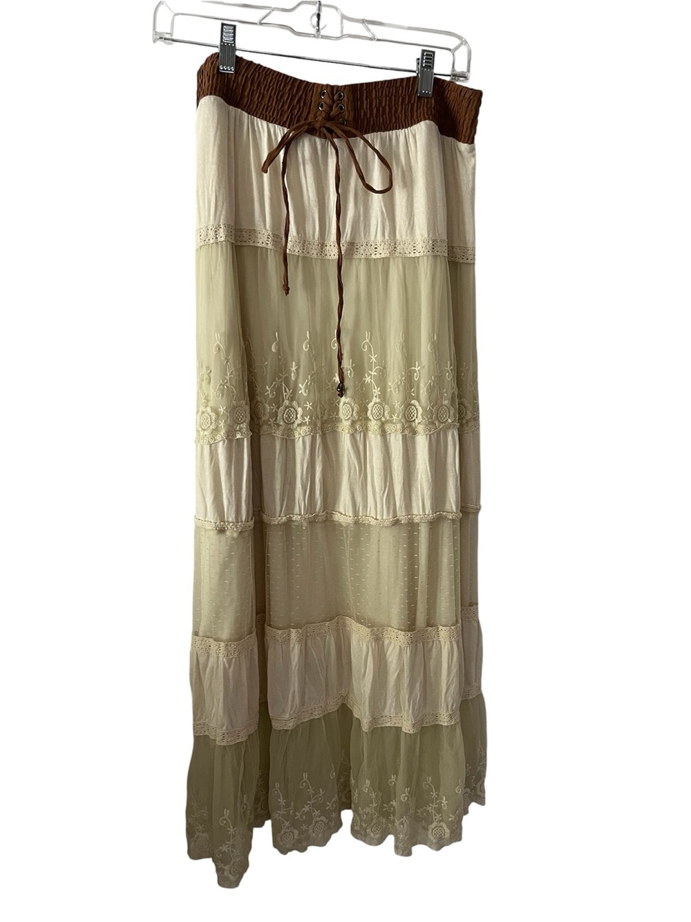 Lapis Cream and Brown Tiered Maxi Skirt